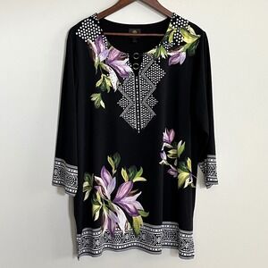 JM Collection Women 1X Black Floral Geometric Rhinestone Ring Neck Tunic Top